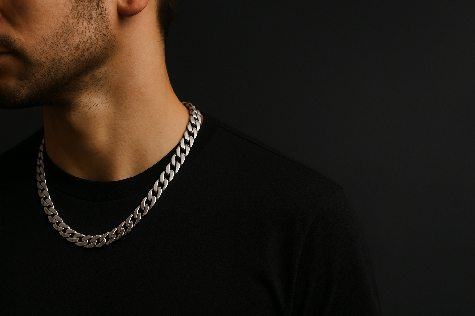 Person wearing a silver chain necklace against a dark background